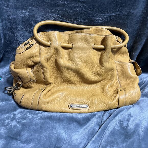Cole Haan Camel Pebbled Leather Satchel Hobo Slouchy Shoulder Bag 2 Handles - Picture 1 of 9